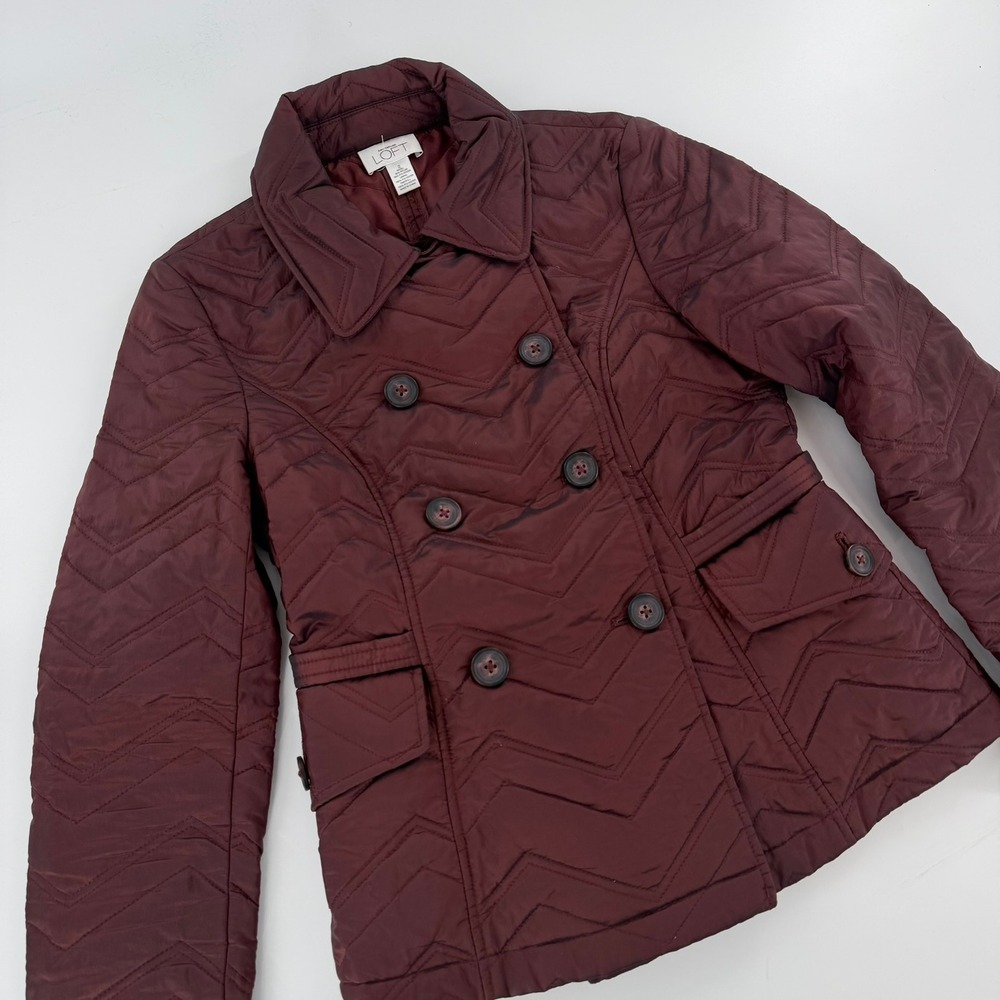 Ann Taylor Loft Quilted Jacket Women Burgundy Excellent Chevron Double‎ Breasted
